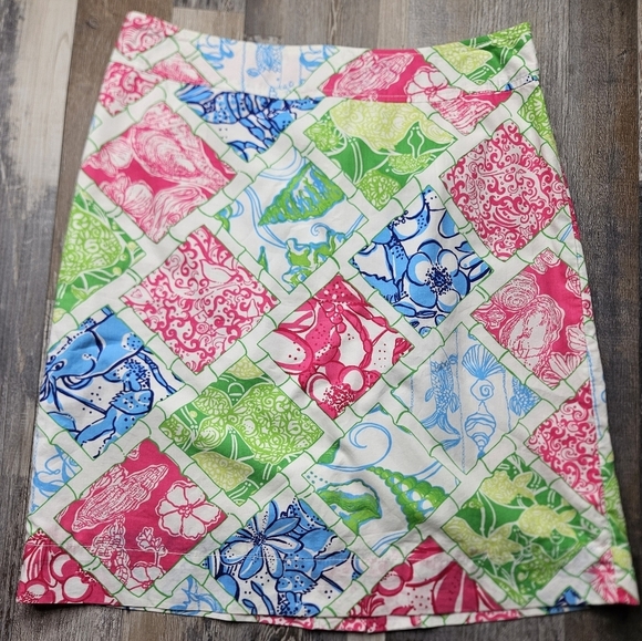 Lilly Pulitzer Jubilee MultiColor Patch Print skirt Size 4 Pink Green Blue